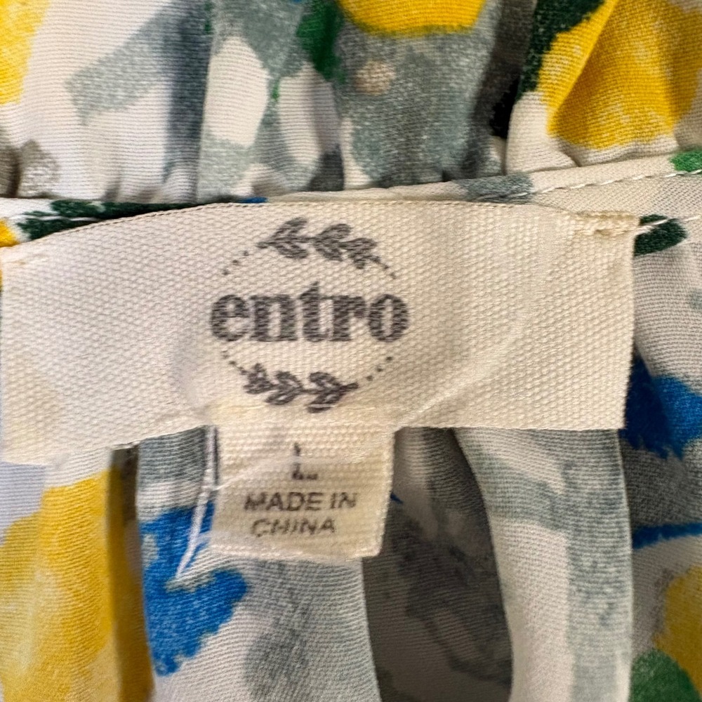 Entro Floral Smocked Waist Mini Dress Yellow Green Blue Abstract D20352 Large - Picture 2 of 12